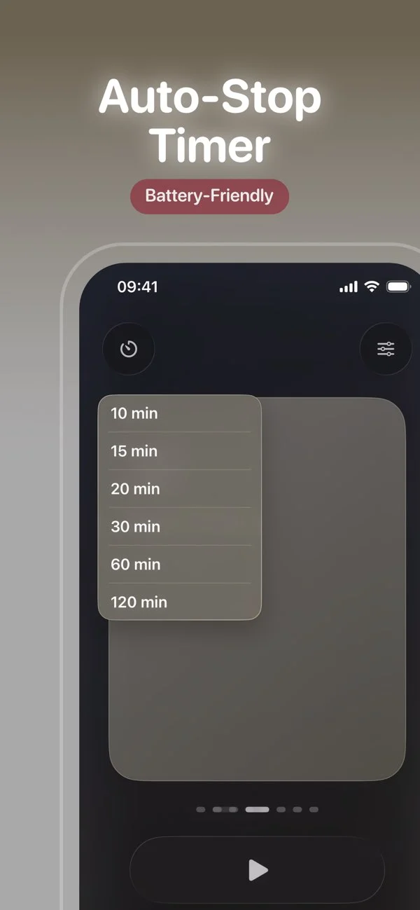 SoundNC timer menu with 10, 15, 20, 30, 60, and 120 minute options.