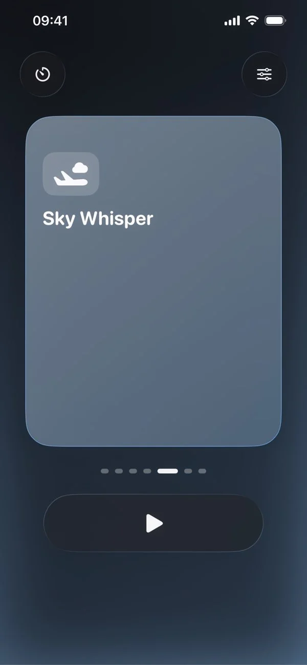SoundNC app: Sky Whisper sound, timer and adjustment controls, and play button